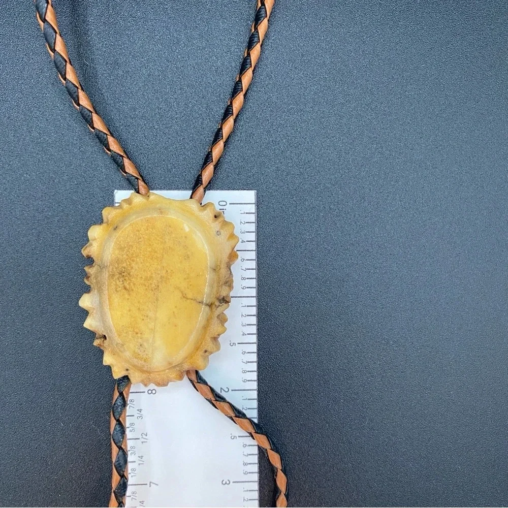 Vintage Bolo Neck Tie with Braided Leather Cord and Carved Horn